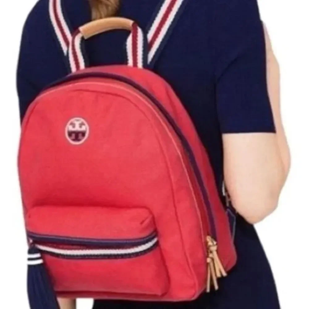 Tory Burch Designer Embroidered Red Canvas Backpack Navy Tassel Purse Bag